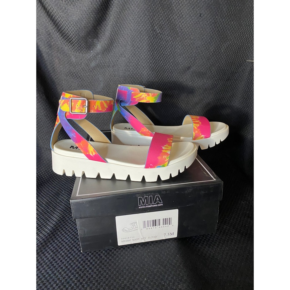 MIA Mady Tie Dye Platform Sandals White Lug Sole Ankle Strap Womens 7.5 New Box